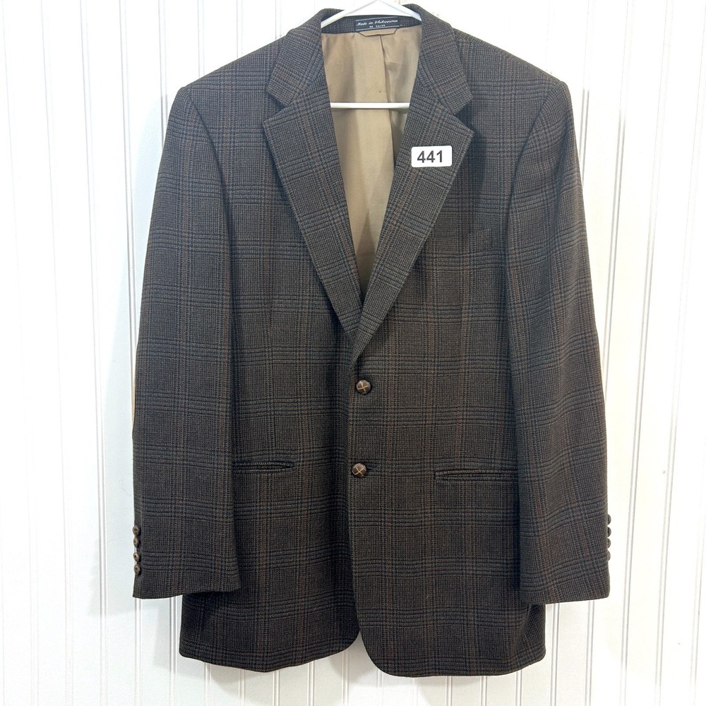 Meeting Street Mens 42 L Tweed Blazer Jacket Brown Plaid Lambswool Suede Elbow